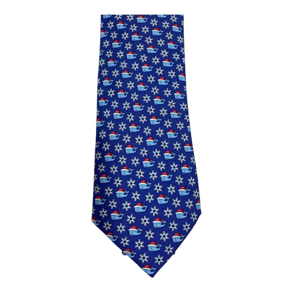 Vineyard Vines Holiday Snow Santa Hat Whale Snowflakes Blue Silk Tie & Gift Box